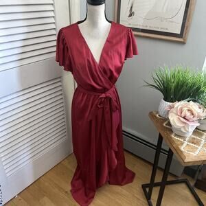 NICOLE MILLER Womens Dress Medium Red Satin Gown Belted Wedding Holiday Glam